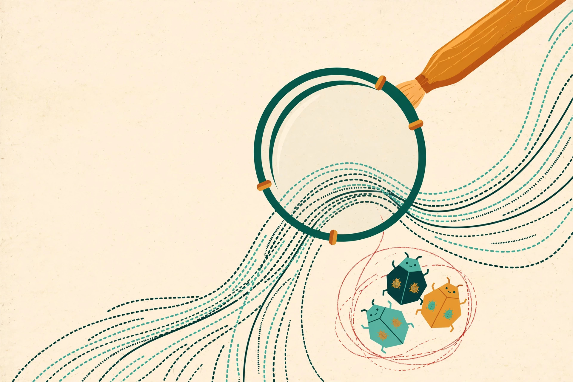 Illustration of a magnifying lens over threads of code, with a hand-drawn ring circling the defects a human reviewer has spotted